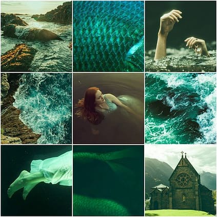 Aesthetic for Sea of Sorrows by Anstice Brown made using pictures from Pixabay and Unsplash, featuring the Scottish coastline and mermaids